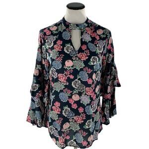 Angie Womens Boho Floral Multicolor Keyhole Neck Ruffle Bell Sleeves Blouse S